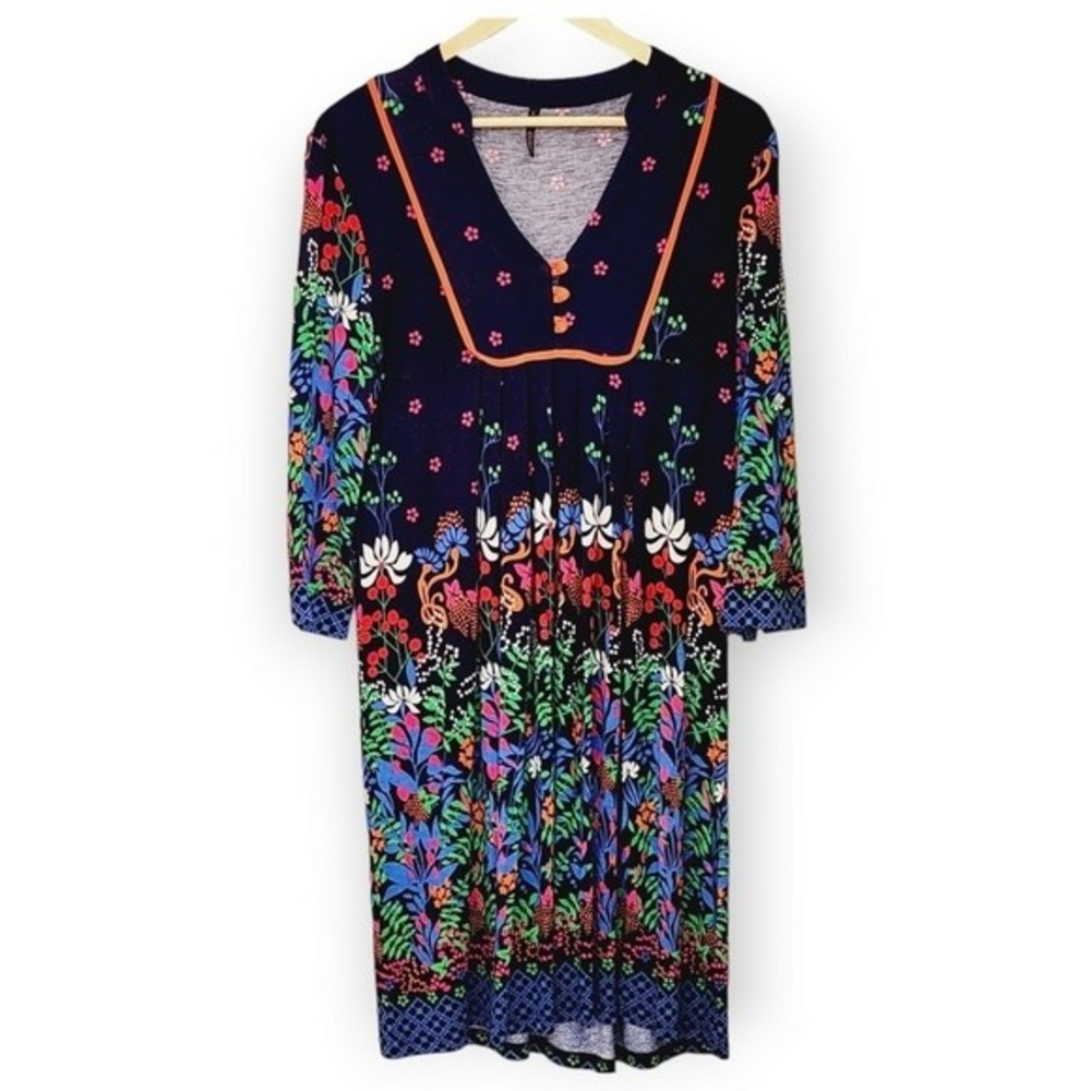 Floral Dress Australian Design Bright Colorful Floral Print on Dark Blue Sz L